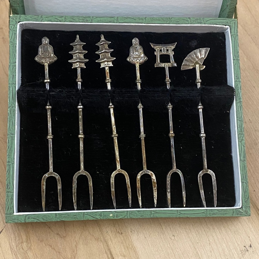 Vintage Japanese Export Sterling Silver Figural Cocktail Forks Set of 6 Boxed - Picture 2 of 8